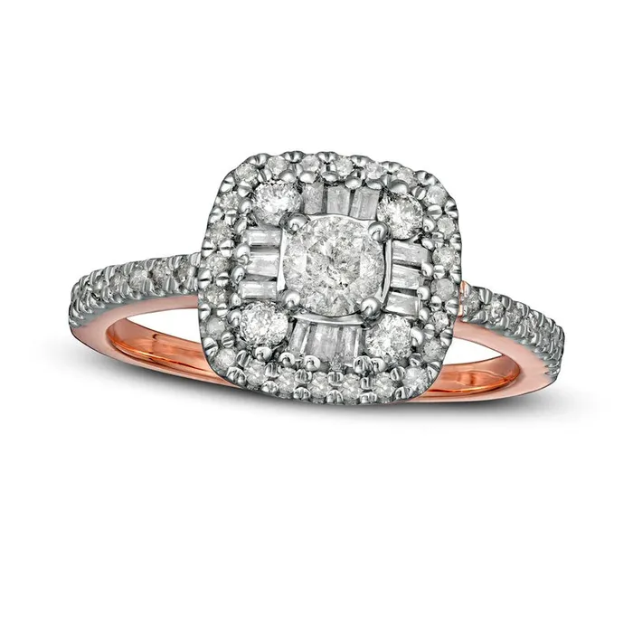 075 CT TW Baguette and Round Natural Diamond Cushion Frame Ring in Solid 10K Rose Gold Goldia Rings 075 CT TW Baguette and Round Natural Diamond Cushion Frame Ring in Solid 10K Rose Gold Goldia Rings