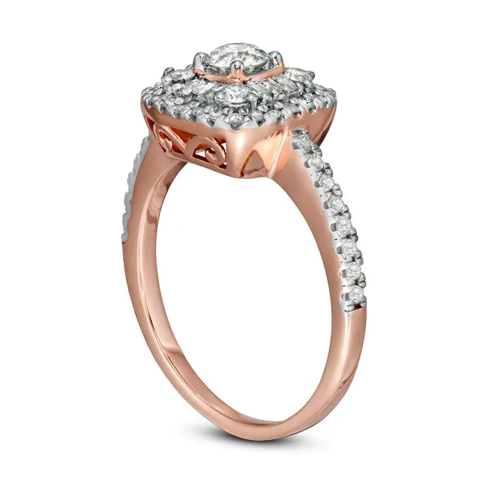 075 CT TW Baguette and Round Natural Diamond Cushion Frame Ring in Solid 10K Rose Gold Goldia Rings 075 CT TW Baguette and Round Natural Diamond Cushion Frame Ring in Solid 10K Rose Gold Goldia Rings