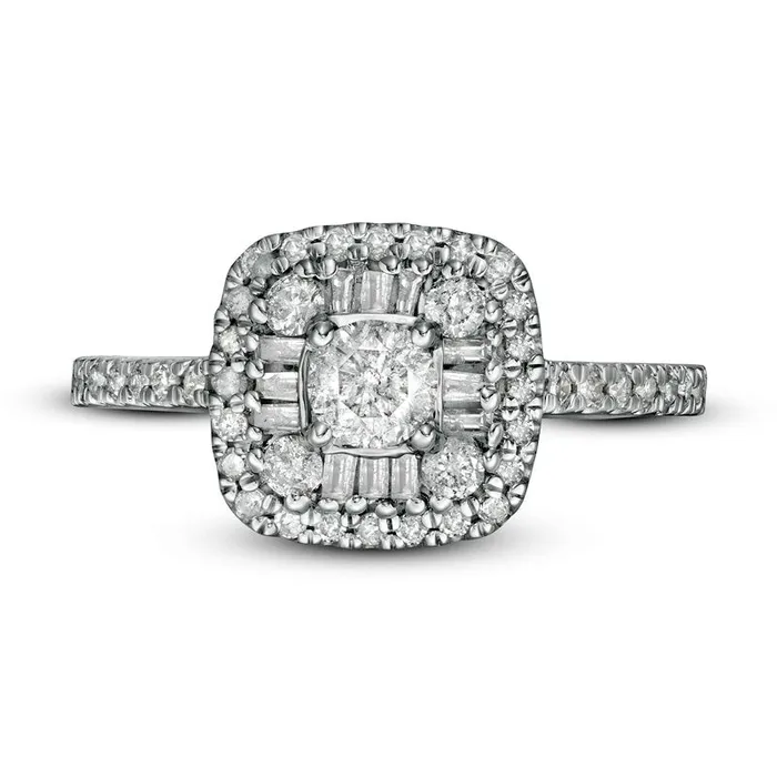 075 CT TW Baguette and Round Natural Diamond Cushion Frame Ring in Solid 10K Rose Gold Goldia Rings 075 CT TW Baguette and Round Natural Diamond Cushion Frame Ring in Solid 10K Rose Gold Goldia Rings