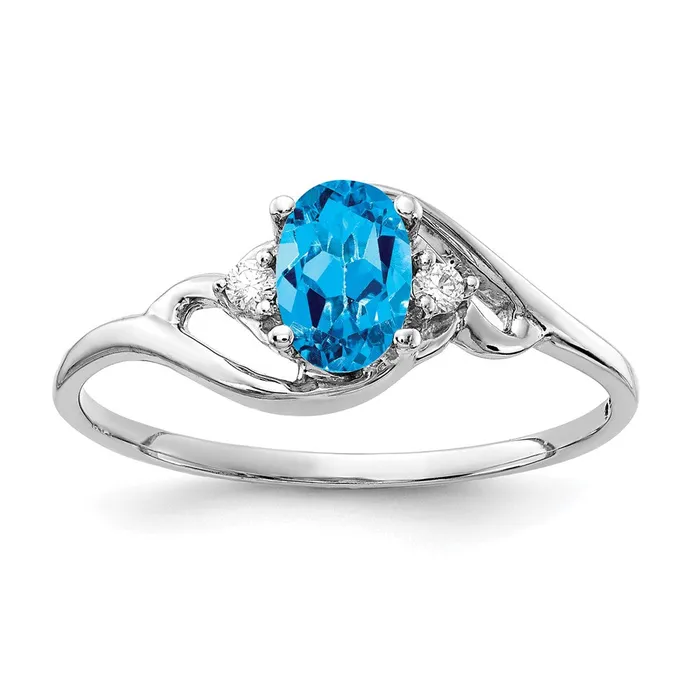 14k White Gold 6x4mm Oval Blue Topaz AAA Real Diamond ring goldiaca Rings