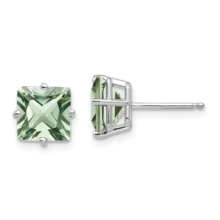 14k White Gold 7mm Square Green Quartz Earrings Goldia Earrings
