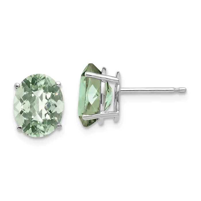 14k White Gold 9x7 Oval CheckerCut Green Quartz Earrings Goldia Earrings
