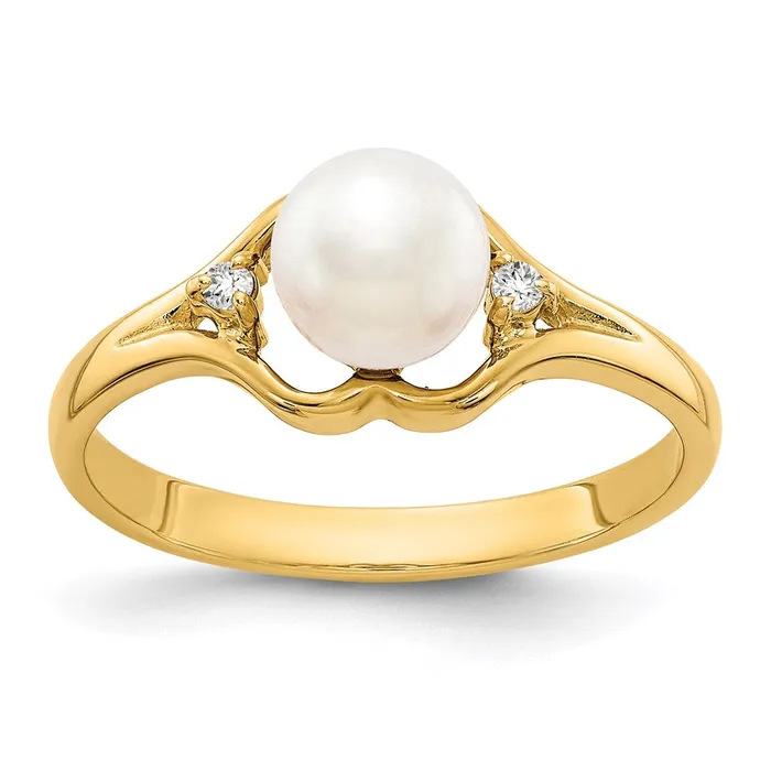 14K Yellow Gold 6mm FW Cultured Pearl A Real Diamond ring Goldia Rings