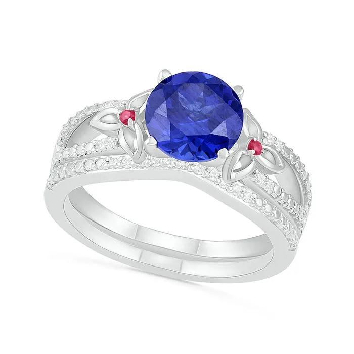 80mm LabCreated Blue Sapphire Ruby and 007 CT TW Diamond FlowerSides Split Shank Bridal Engagement Ring Set in Sterling Silver Goldia Rings 80mm LabCreated Blue Sapphire Ruby and 007 CT TW Diamond FlowerSides Split Shank Bridal Engagement Ring Set in Sterling Silver Goldia Rings