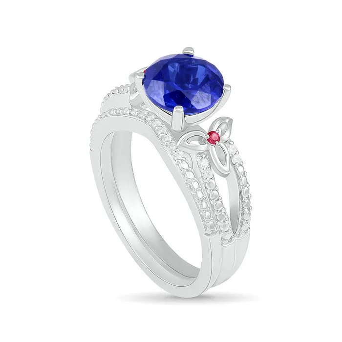 80mm LabCreated Blue Sapphire Ruby and 007 CT TW Diamond FlowerSides Split Shank Bridal Engagement Ring Set in Sterling Silver Goldia Rings 80mm LabCreated Blue Sapphire Ruby and 007 CT TW Diamond FlowerSides Split Shank Bridal Engagement Ring Set in Sterling Silver Goldia Rings