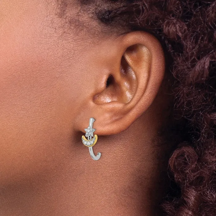 Goldia Earrings 14k Yellow Gold Twotone Moon wStar Real Diamond Jhoop Post Earrings