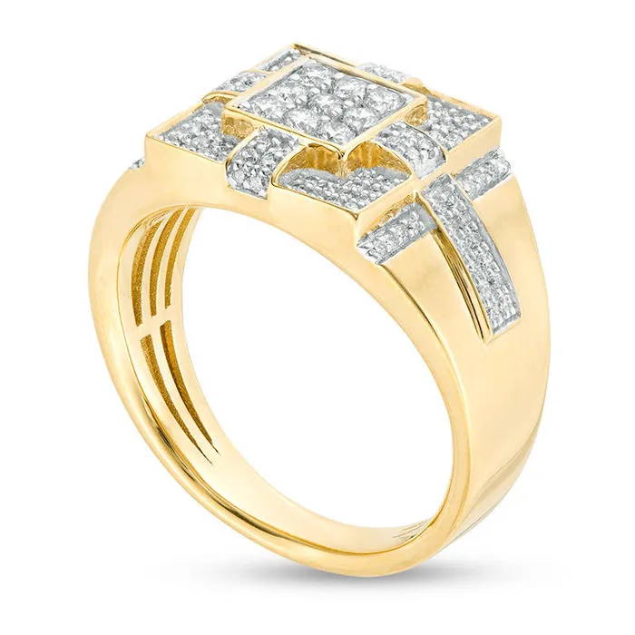 Mens 075 CT TW Square Composite Natural Diamond Tiered Cross Ring in Solid 14K Gold Goldia Rings Mens 075 CT TW Square Composite Natural Diamond Tiered Cross Ring in Solid 14K Gold Goldia Rings