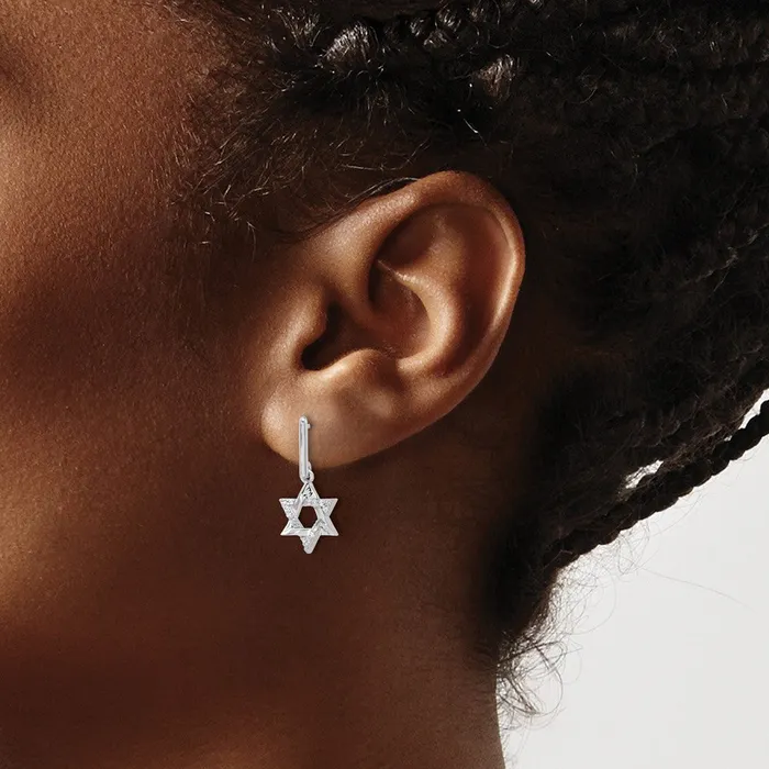 Solid 14k White Gold Simulated CZ Star of David Dangle Earrings Goldia Earrings
