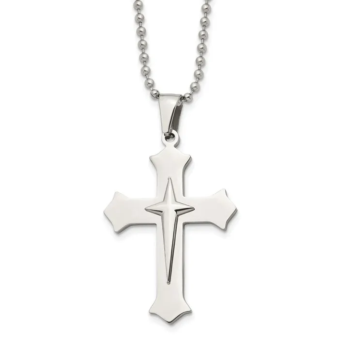 Chisel Stainless Steel Polished Cross Pendant on a 24 inch Ball Chain Necklace TreasureFineJewelers Necklaces Chisel Stainless Steel Polished Cross Pendant on a 24 inch Ball Chain Necklace TreasureFineJewelers Necklaces