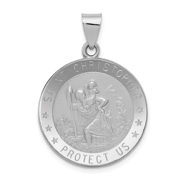Necklaces TreasureFineJewelers 14k White Gold PolishedSatin St Christopher Medal Hollow Pendant Necklaces TreasureFineJewelers 14k White Gold PolishedSatin St Christopher Medal Hollow Pendant