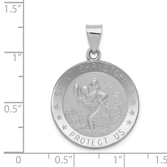 Necklaces TreasureFineJewelers 14k White Gold PolishedSatin St Christopher Medal Hollow Pendant