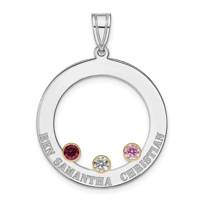 Necklaces TreasureFineJewelers SSRhodplated 3 Birthstone Circle with 18K Bezel Family Pendant Necklaces TreasureFineJewelers SSRhodplated 3 Birthstone Circle with 18K Bezel Family Pendant