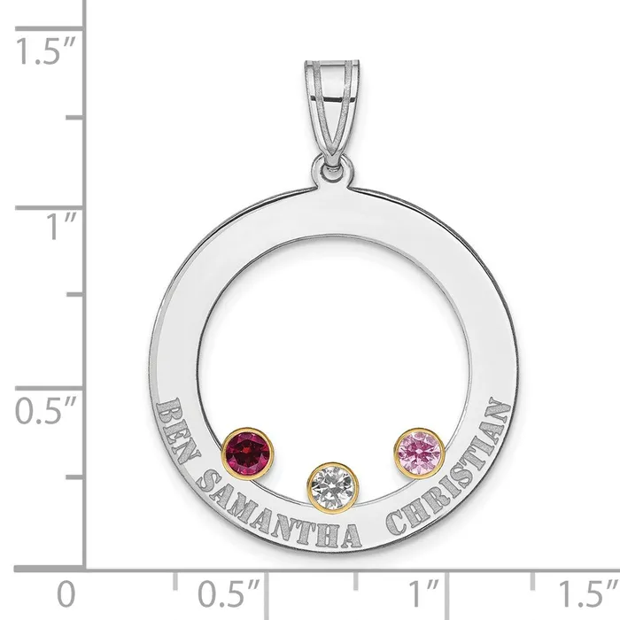 Necklaces TreasureFineJewelers SSRhodplated 3 Birthstone Circle with 18K Bezel Family Pendant