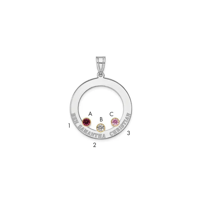 Necklaces TreasureFineJewelers SSRhodplated 3 Birthstone Circle with 18K Bezel Family Pendant