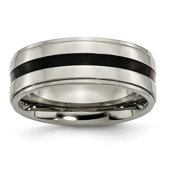 Titanium Polished Black Enamel 8mm Ridged Edge Band TreasureFineJewelers Rings Titanium Polished Black Enamel 8mm Ridged Edge Band TreasureFineJewelers Rings