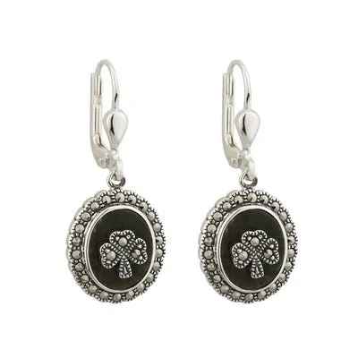 Marcasite Shamrock Connemara Marble Earrings Celtic Collections Earrings