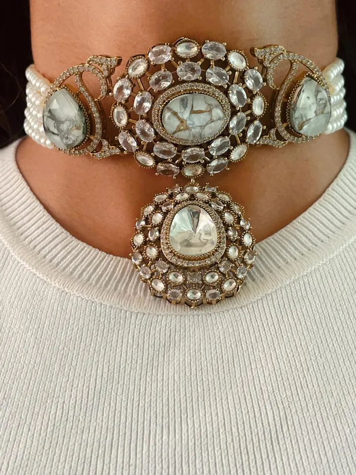 Necklaces PRERTO ECOMMERCE PRIVATE LIMITED Kodki White Marble Kundan Stone Pearl Statement Necklace Set Necklace Earrings Necklaces PRERTO ECOMMERCE PRIVATE LIMITED Kodki White Marble Kundan Stone Pearl Statement Necklace Set Necklace Earrings