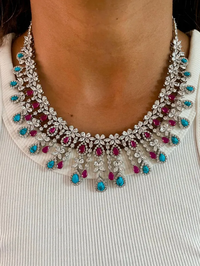 Necklaces Turquoise Drops Ruby Diamond Necklace Set Necklace Earrings PRERTO ECOMMERCE PRIVATE LIMITED Necklaces Turquoise Drops Ruby Diamond Necklace Set Necklace Earrings PRERTO ECOMMERCE PRIVATE LIMITED