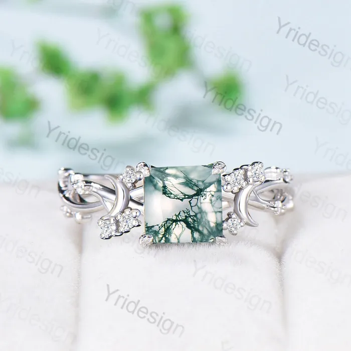PENFINE 7mm Princess moss agate engagement ring crescent natural green agate celtic bridal ring Unique cluster moissanite anniversary gift for Women Rings PENFINE 7mm Princess moss agate engagement ring crescent natural green agate celtic bridal ring Unique cluster moissanite anniversary gift for Women Rings