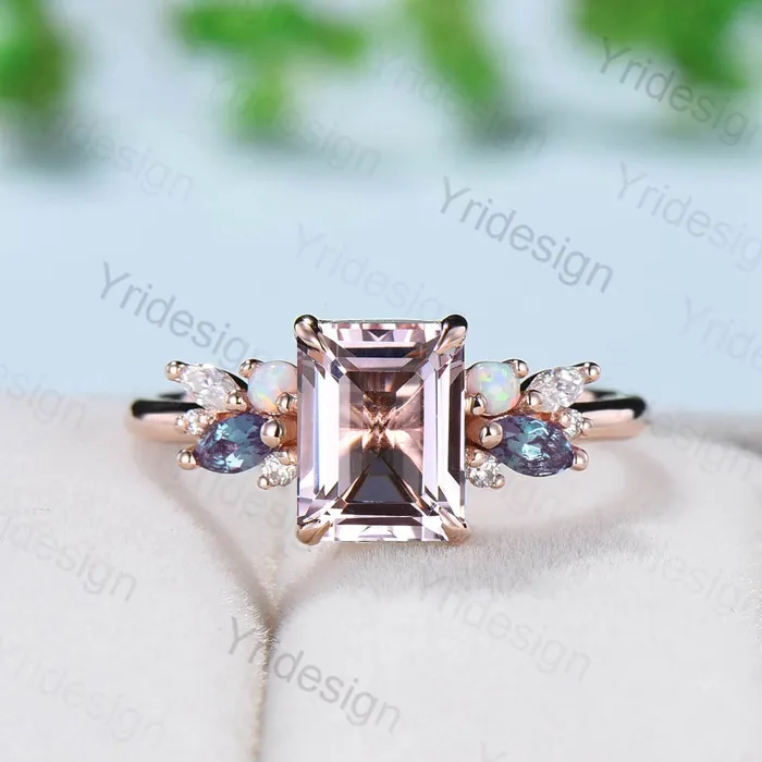 PENFINE Unique Emerald Cut Morganite Engagement Ring Rose Gold Cluster Alexandrite Opal Wedding Ring For Women Vintage Handmade Proposal Gifts Women Rings PENFINE Unique Emerald Cut Morganite Engagement Ring Rose Gold Cluster Alexandrite Opal Wedding Ring For Women Vintage Handmade Proposal Gifts Women Rings