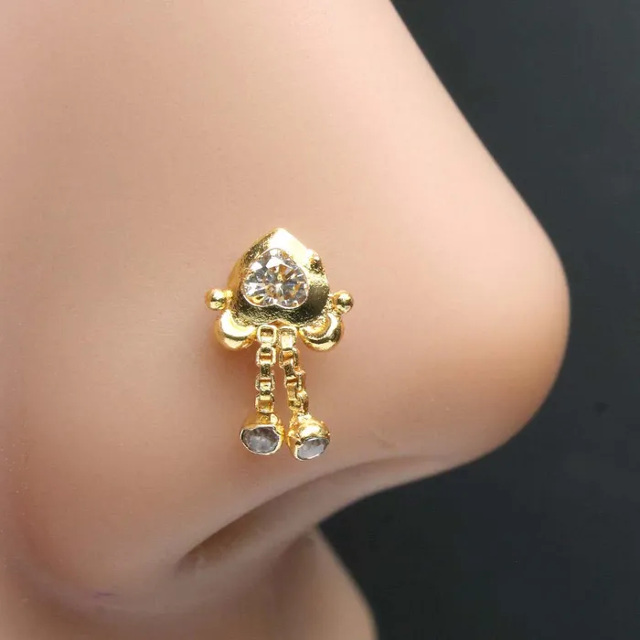 Rings Karizma Jewels Indian dangle Gold Plated Nose Stud White CZ corkscrew nose ring Rings Karizma Jewels Indian dangle Gold Plated Nose Stud White CZ corkscrew nose ring