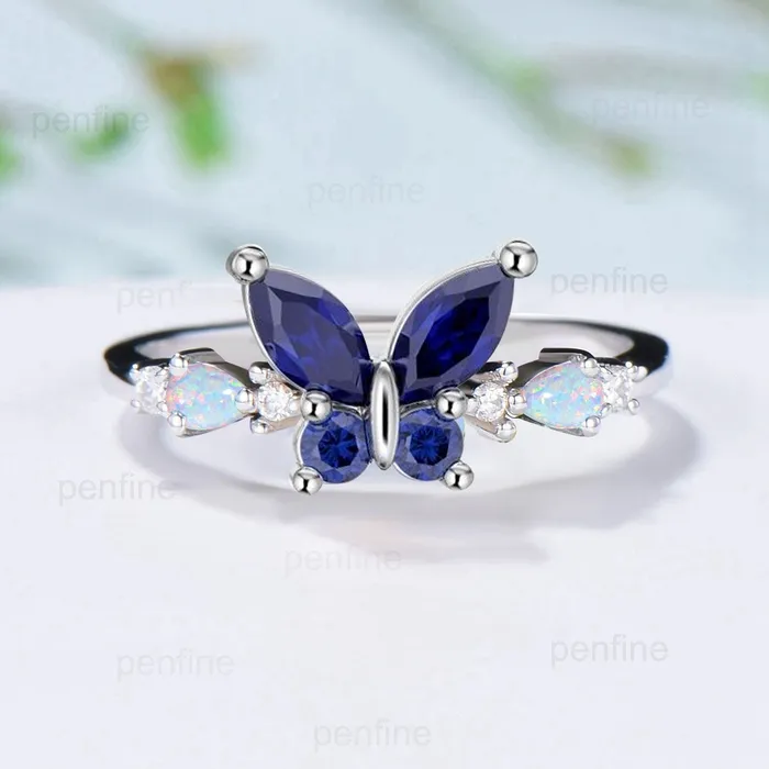 Rings Unique Butterfly Marquise Blue Sapphire Engagement Ring Vintage Pear White Opal Wedding Ring Cute Anniversary Ring September Birthstone Gift PENFINE Rings Unique Butterfly Marquise Blue Sapphire Engagement Ring Vintage Pear White Opal Wedding Ring Cute Anniversary Ring September Birthstone Gift PENFINE
