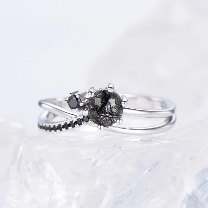 Vintage unique black rutilated quartz engagement ring Twisted black crystal gold wedding ring women spinel bridal ring anniversary gift PENFINE Rings Vintage unique black rutilated quartz engagement ring Twisted black crystal gold wedding ring women spinel bridal ring anniversary gift PENFINE Rings