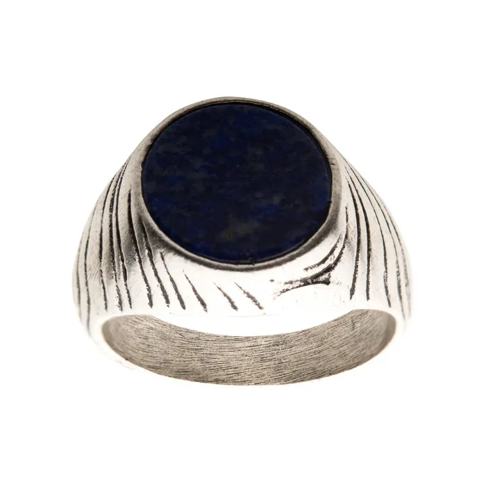 Antiqued Silver Tone Stainless Steel Matte Finish Lapis Lazuli Ring INOX JEWELRY Rings
