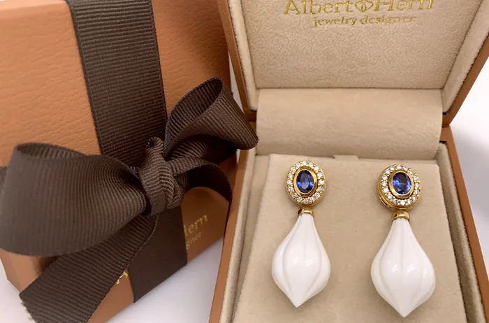 Earrings White Coral Blue Sapphire with Diamonds Albert Hern Earrings Earrings White Coral Blue Sapphire with Diamonds Albert Hern Earrings