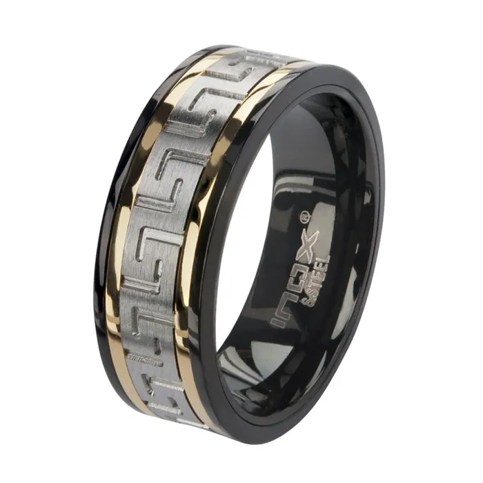 INOX JEWELRY Black Golden and Silver Tone Stainless Steel Banded Greek Key Ring Rings INOX JEWELRY Black Golden and Silver Tone Stainless Steel Banded Greek Key Ring Rings