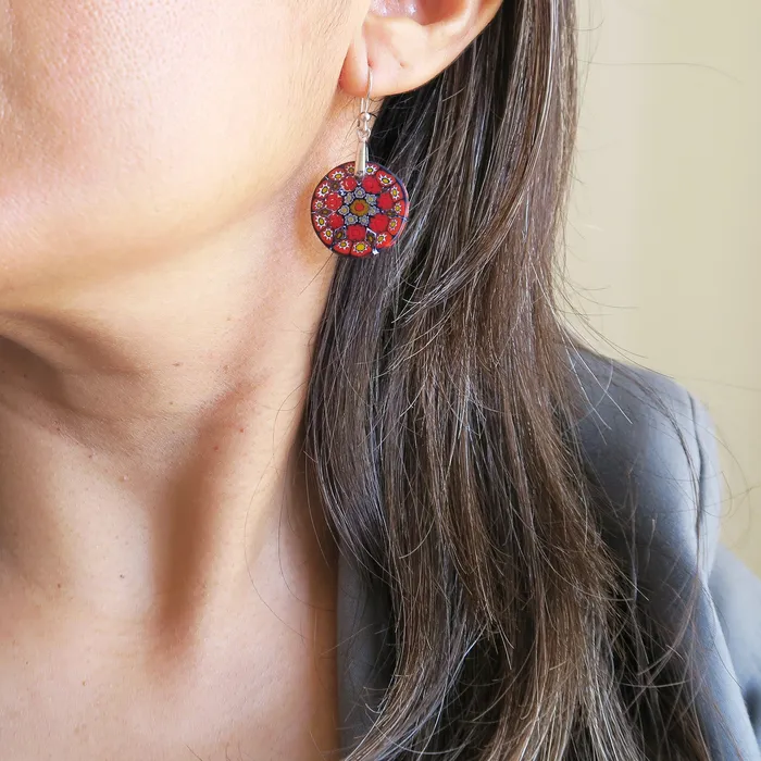 Murano glass Multicolor Red round earrings Millefiori Vianello Nadia Murrine di Trebbi Davide Earrings