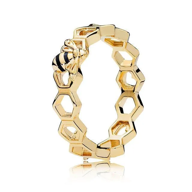 The Pink Pigs Rings Honeycomb and Bee Ring in 925 Sterling Silver with 18K Gold Plating The Pink Pigs Rings Honeycomb and Bee Ring in 925 Sterling Silver with 18K Gold Plating