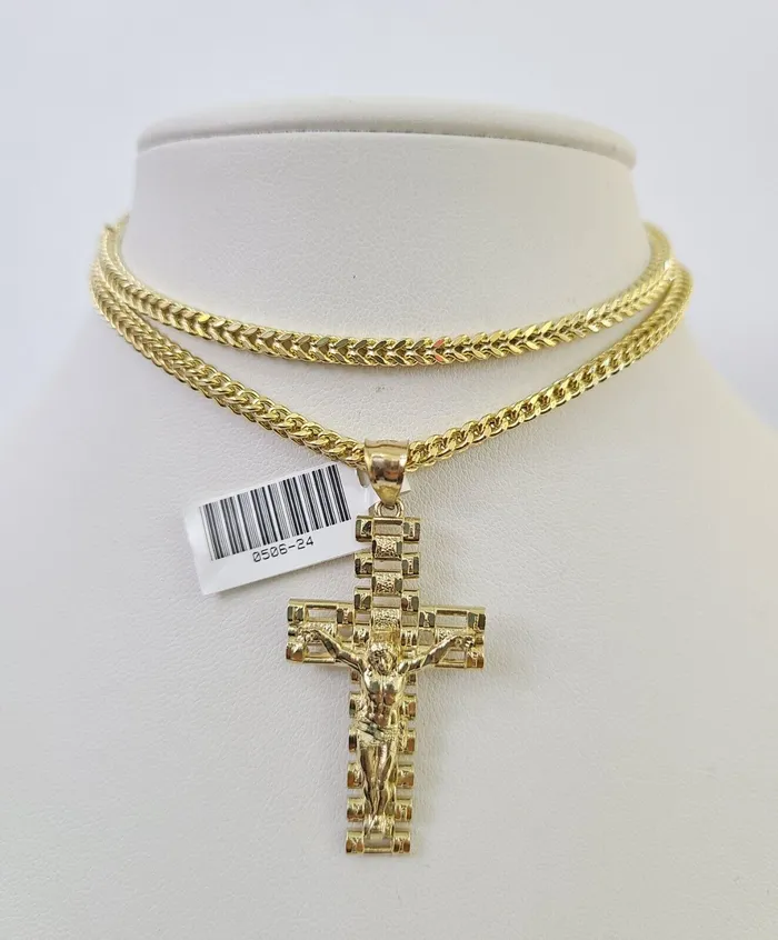 10K Franco Chain Jesus Cross Pendant Charm Necklace 2026 3mm Gold Yellow SET Gold and Diamond Necklaces 10K Franco Chain Jesus Cross Pendant Charm Necklace 2026 3mm Gold Yellow SET Gold and Diamond Necklaces