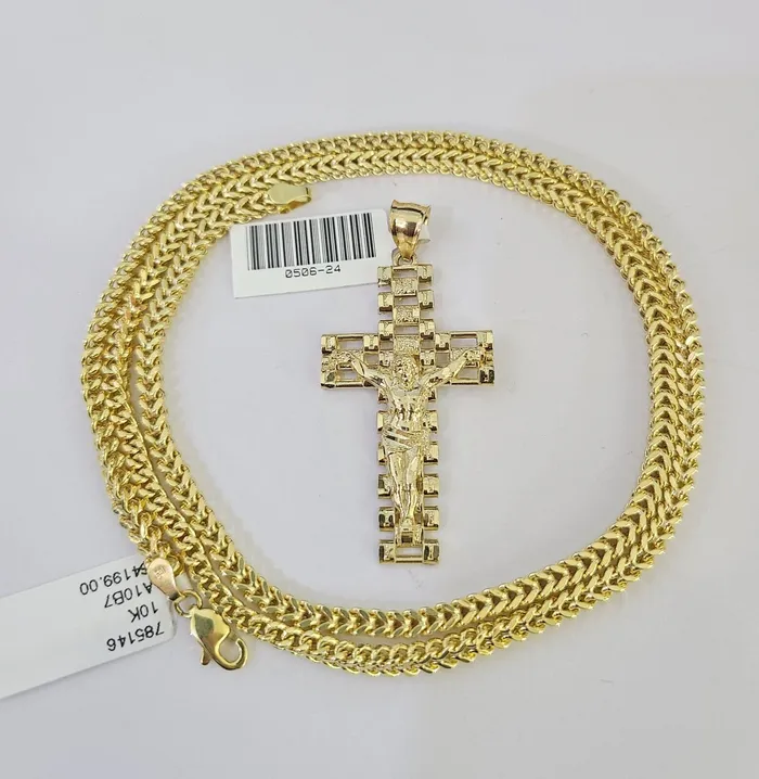 10K Franco Chain Jesus Cross Pendant Charm Necklace 2026 3mm Gold Yellow SET Gold and Diamond Necklaces