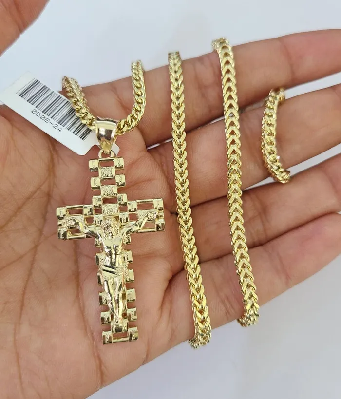 10K Franco Chain Jesus Cross Pendant Charm Necklace 2026 3mm Gold Yellow SET Gold and Diamond Necklaces
