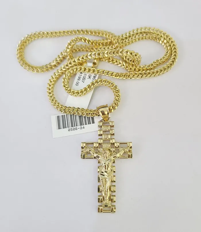 10K Franco Chain Jesus Cross Pendant Charm Necklace 2026 3mm Gold Yellow SET Gold and Diamond Necklaces