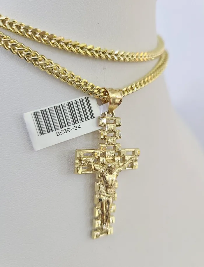 10K Franco Chain Jesus Cross Pendant Charm Necklace 2026 3mm Gold Yellow SET Gold and Diamond Necklaces