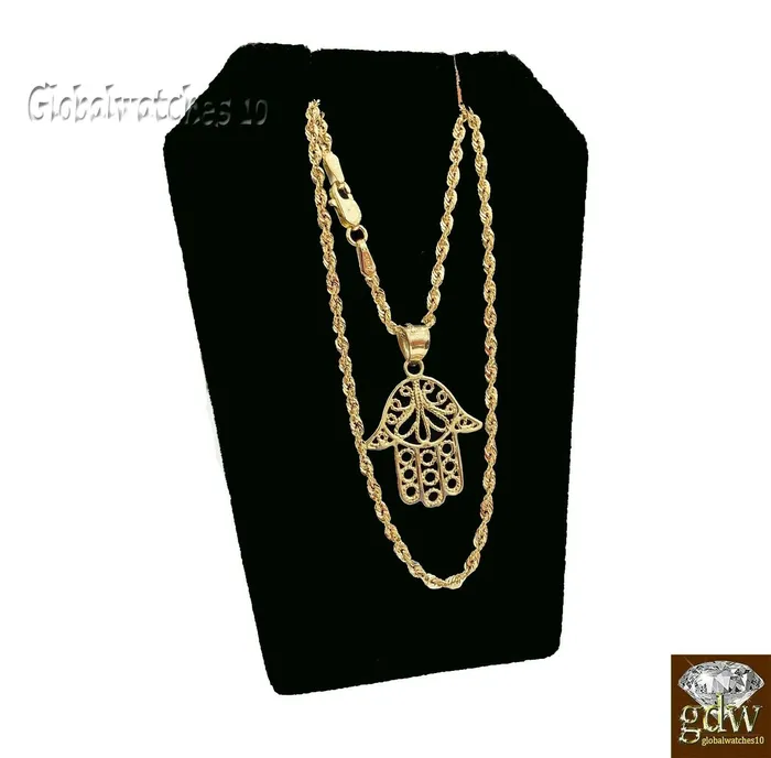 10k Gold Hamsa Hand Charm Pendant Rope Chain 18 20 24 26 Inch Real Gold and Diamond Charm Necklaces