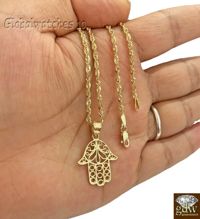 10k Gold Hamsa Hand Charm Pendant Rope Chain 18 20 24 26 Inch Real Gold and Diamond Charm Necklaces