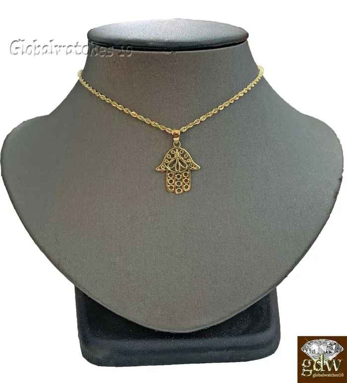 10k Gold Hamsa Hand Charm Pendant Rope Chain 18 20 24 26 Inch Real Gold and Diamond Charm Necklaces