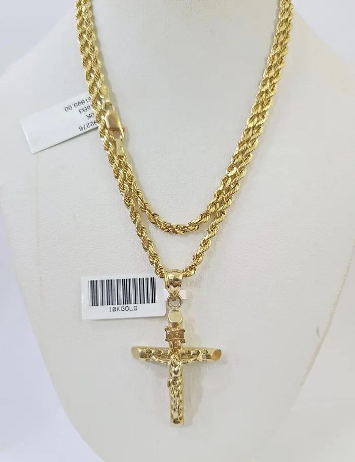 10k Gold INRI Jesus Pendant Rope Chain 3mm 26 Necklace Set Real Genuine Gold and Diamond Necklaces 10k Gold INRI Jesus Pendant Rope Chain 3mm 26 Necklace Set Real Genuine Gold and Diamond Necklaces