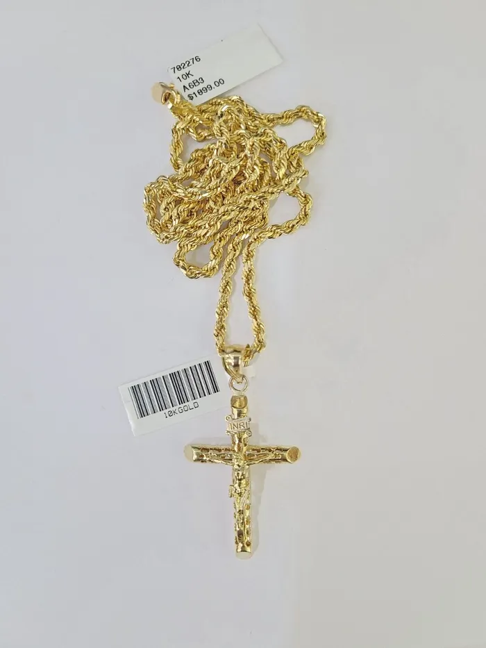 10k Gold INRI Jesus Pendant Rope Chain 3mm 26 Necklace Set Real Genuine Gold and Diamond Necklaces