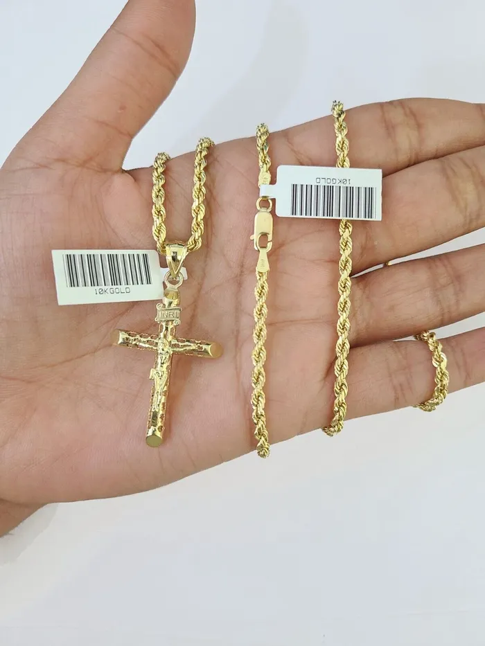 10k Gold INRI Jesus Pendant Rope Chain 3mm 26 Necklace Set Real Genuine Gold and Diamond Necklaces