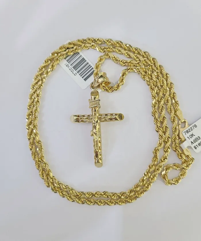 10k Gold INRI Jesus Pendant Rope Chain 3mm 26 Necklace Set Real Genuine Gold and Diamond Necklaces