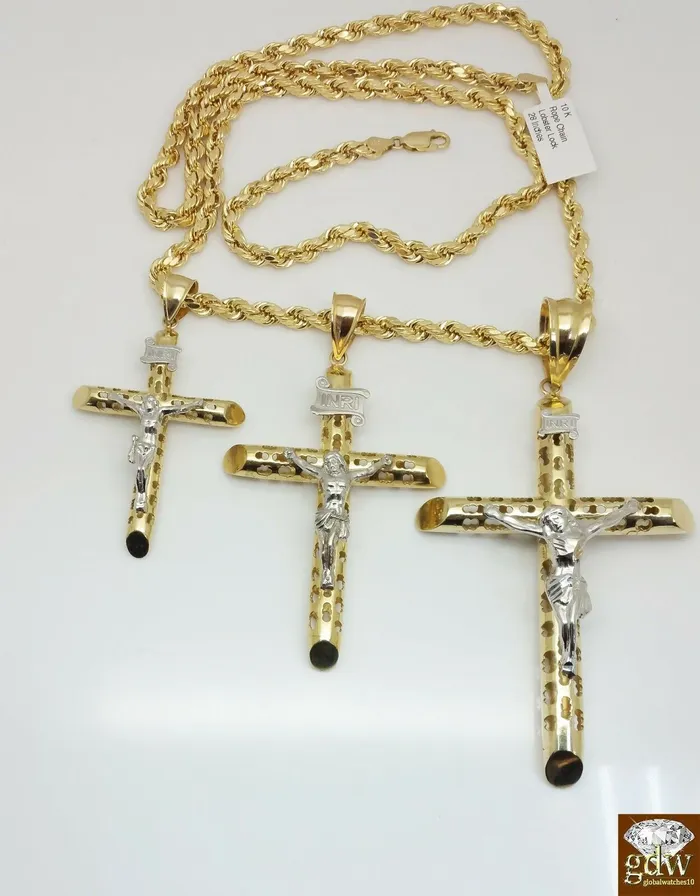 10k Yellow Gold Jesus Crucifix Cross pendant Charm Men Women Gold and Diamond Necklaces
