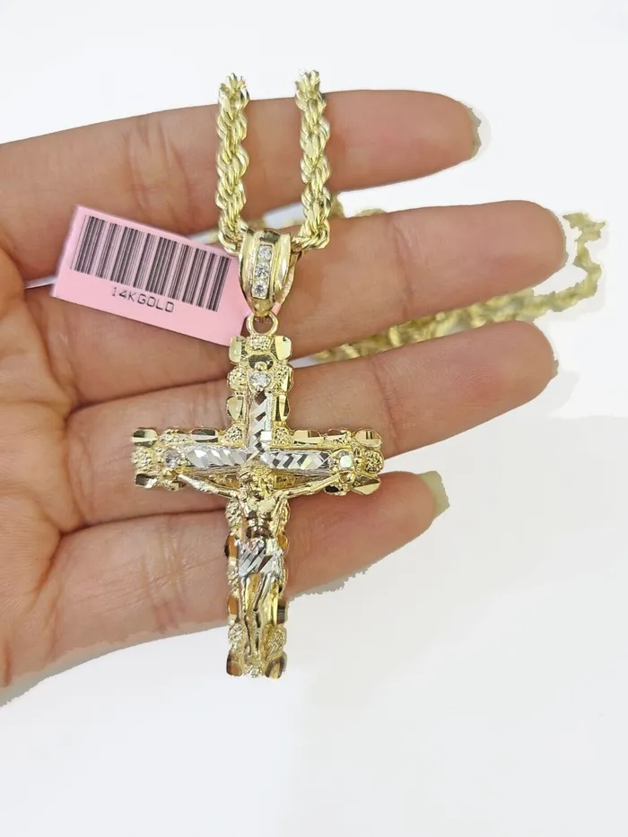 14k Yellow Gold Rope Chain Jesus Nugget Cross Charm SET 4mm 22 Inches Necklace Globalwatches10 Necklaces 14k Yellow Gold Rope Chain Jesus Nugget Cross Charm SET 4mm 22 Inches Necklace Globalwatches10 Necklaces