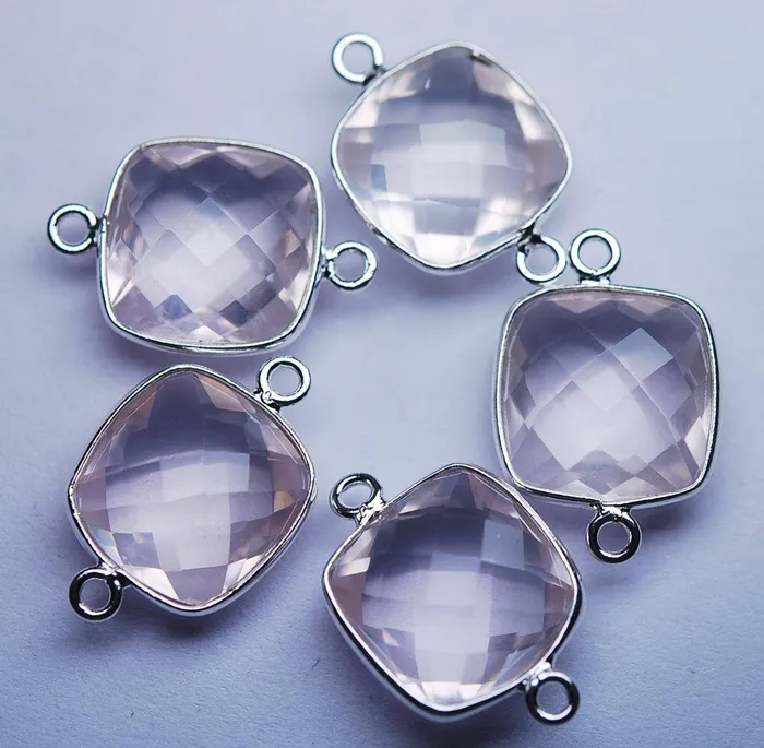 925 Sterling Silver Natural Rose Quartz Faceted Cushion Shape Connector 15 Piece Of 17mm Beads Supplies USA Necklaces