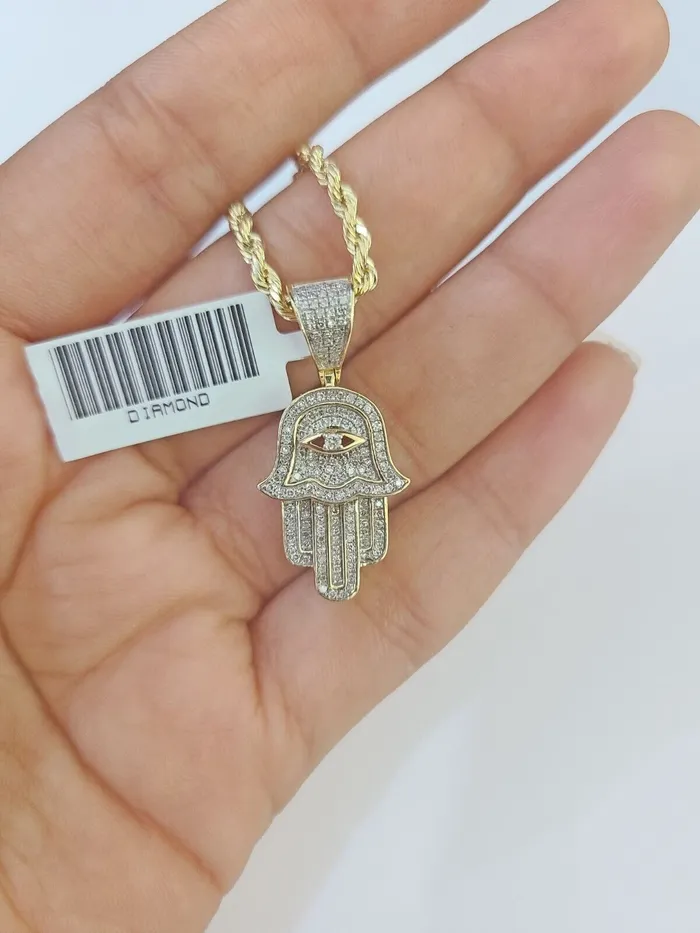Charm Necklaces GlobalWatches10 10k Yellow Gold Diamond Hamsa Hand Charm and 20 inches Rope Chain
