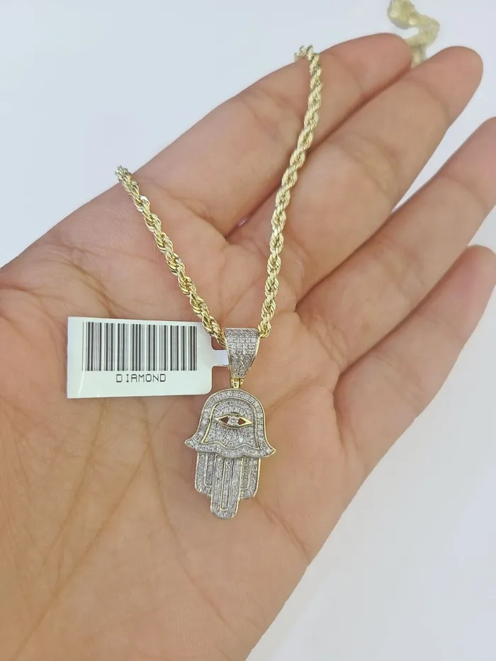 Charm Necklaces GlobalWatches10 10k Yellow Gold Diamond Hamsa Hand Charm and 20 inches Rope Chain