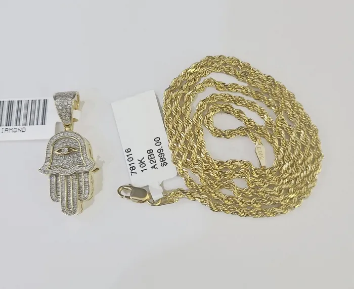 Charm Necklaces GlobalWatches10 10k Yellow Gold Diamond Hamsa Hand Charm and 20 inches Rope Chain